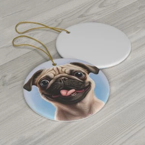 Happy Smiling Pug Puppies Christmas Hanging Ceramic Ornament Circle Xmas - Picture 1 of 4