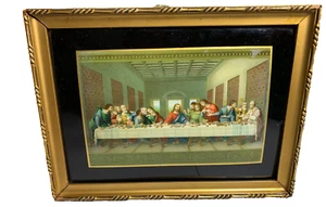Antique Litho Lithograph Lithographic JESUS LAST SUPPER Framed Picture Rounded - Picture 1 of 15