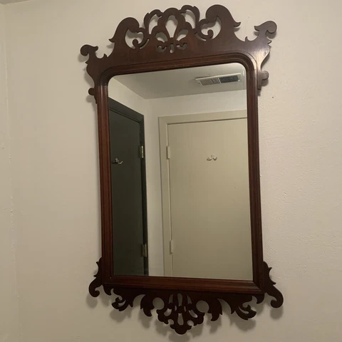 ATQ Hand Carved Solid Mahogany Wood Scroll Cut Chippendale Style 40" Wall Mirror Cover