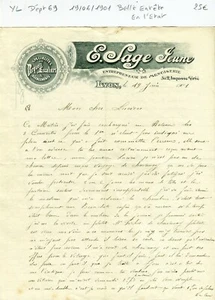 Dépt 69 - Lyon 2 Impasse Girié - Belle Entête Secteur dde la Menuiserie de 1901 - Picture 1 of 1