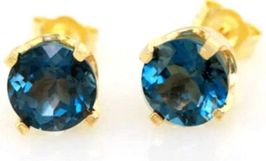 Natural London Blue Topaz 14K Solid Gold Stud Earrings. Blue Diamond Alternative - Picture 1 of 5