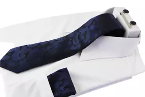 Mens Navy & Black Boho Paisley Matching Neck Tie, Pocket Square, Cuff Links And - Picture 1 of 3