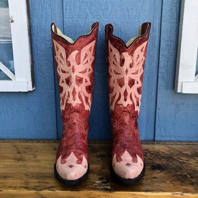 Vintage Women’s Corral Western Boots - 9.5 Red With Pink Sanded Embroidery E1190 - Image 1 of 4