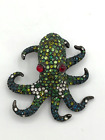 Vtg Kenneth J Lane Rhinestone Embedded Green Octopus Brooch Red Cabochon Eyes