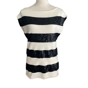 Maglione donna Alice & Olivia lana nero bianco righe paillettes senza maniche taglia M - Foto 1 di 5