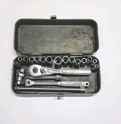 VTG 20 Pc USA Craftsman 1/4" Dr Socket Set Ratchet w/ Metal Case Metric/SAE  - Image 1 of 4