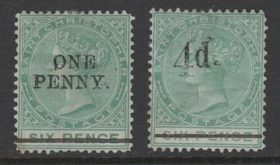 St Christopher 1884-1886 QV recargos Sc 18 y 20 MH F/VF CV $82,50 Foto 1 de 2