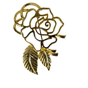 Goldfarbene Rose Blume Anstecknadel Brosche Blatt Details Metall Vintage Floral Klassiker - Bild 1 von 10
