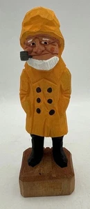 Vintage, handgeschnitzte Holz Matrose gelber Regenmantel Tabakpfeife Zoll 6,5". - Bild 1 von 5