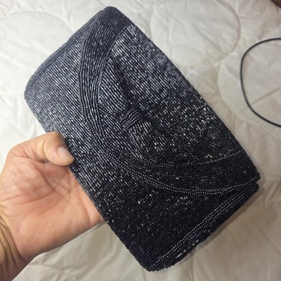 Bolso sin asas de noche vintage elegante negro con cuentas formal cremallera sin correa Foto 1 de 4