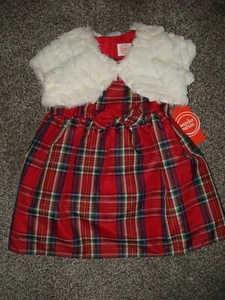 NWT WONDER NATION GIRLS SIZE 12 MONTHS RED SILKY PLAID DRESS / WHITE BOLERO SET - Picture 1 of 2