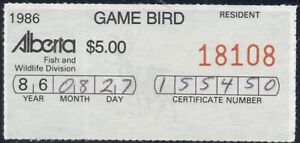 Alberta Wildlife Certificate stamp 1986 Res Game Bird hunting $5 van Dam AW679