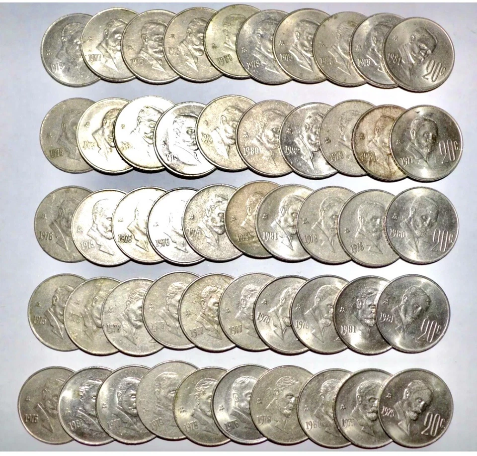 MEXICO lot D 20 CENTAVOS Madero world foreign Mexican brass 50 COINS - Image 1 of 1
