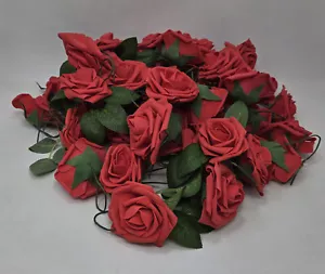 NEW 50pc Artificial Real Touch Foam Roses w/Wire Stems & Realistic Leaves, Red - Picture 1 of 5