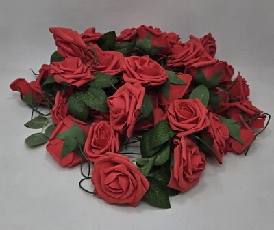 NEW 50pc Artificial Real Touch Foam Roses w/Wire Stems & Realistic Leaves, Red - Image 1 of 4