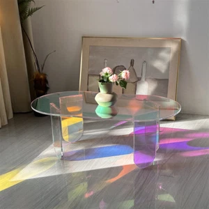 Thick Iridescent Side Table Clear Rainbow Acrylic Coffee End Table Anti-scratch - Picture 1 of 12
