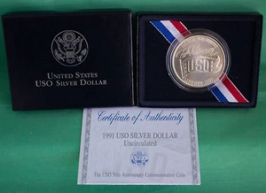 1991 D BU USO Silver Dollar Commemorative Coin w/ Box & COA UNCIRCULATED US Mint - Picture 1 of 4