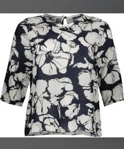 ZELANTE Navy & White Floral Print Linen Long Sleeve Top Blouse Size UK 20 Plus - Picture 1 of 8