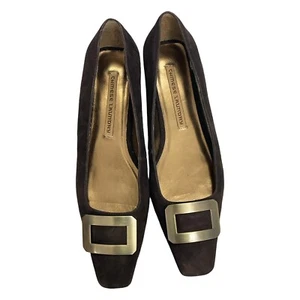 Vintage Brown Flat Shoes 1990s Slip on Suede Bronze Buckle Dressy Loafer Size 9M - Picture 1 of 5