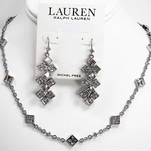 Ralph Lauren Square Crystal Necklace Earrings Set Silver Tone Sparkle Party - Picture 1 of 13