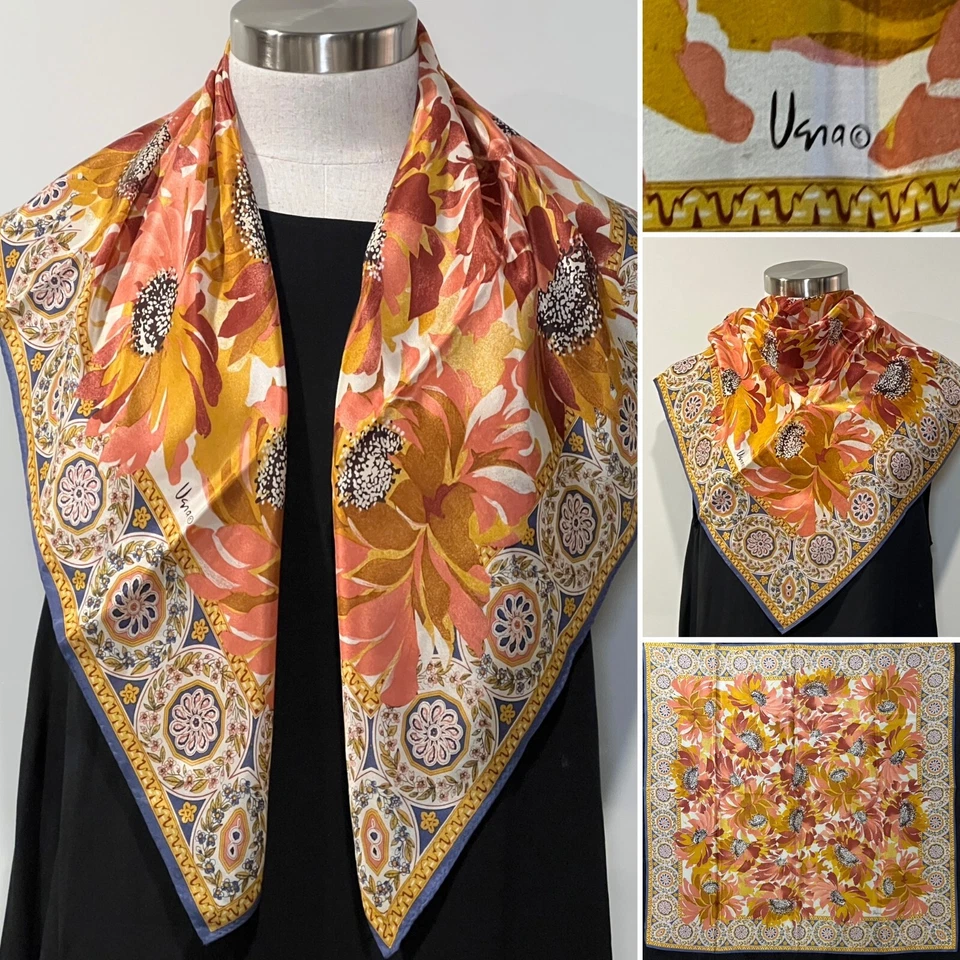 BUFANDA FLORAL VERA azul/rosa/bronceado/ocre seda crepé de china 74x74 cm dobladillos enrollables Foto 1 de 4