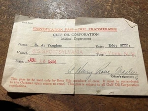 Vintage 1944 WW2 GULF OIL Maritime Identification PASS S. S. SPOTTSYLVANIA - Bild 1 von 1