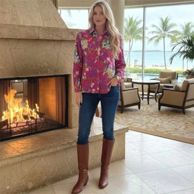 复古 Diane Von Furstenberg XL 100% 真丝纽扣衬衫花卉热带度假村 — 第 1/4 张图片