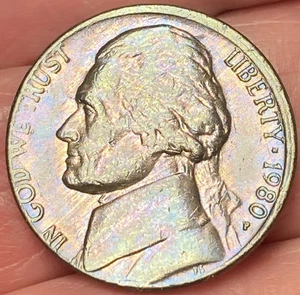 1980-P Jefferson Nickel Beautiful Brilliant Toned Coin Little Dark w/Error #4 - Picture 1 of 10