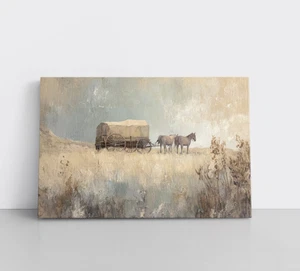 Impresión de pintura occidental vintage de carro de pradera caballos sobre lienzo enmarcado arte de pared - Imagen 1 de 13