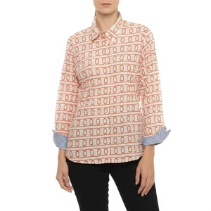 Camisa Tizzie Blanca Naranja Estampado Geométrico Manga Larga Abotonada Talla Grande - Imagen 1 de 13