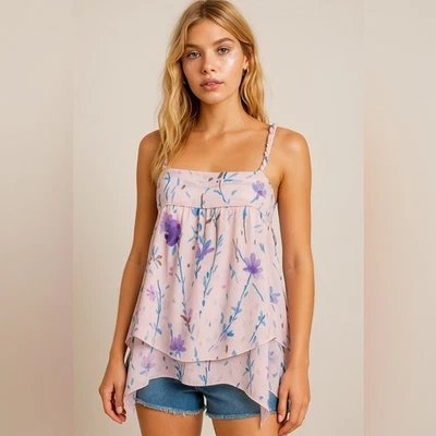 Jessica Simpson Women’s Babydoll Top Size M Pink Floral Sheer Chiffon Y2K Fairyc - Image 1 of 4