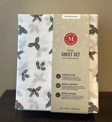 Juego de Sábanas Martha Stewart King Navidad Acebo Baya Nuevo Algodón Percal Foto 1 de 2