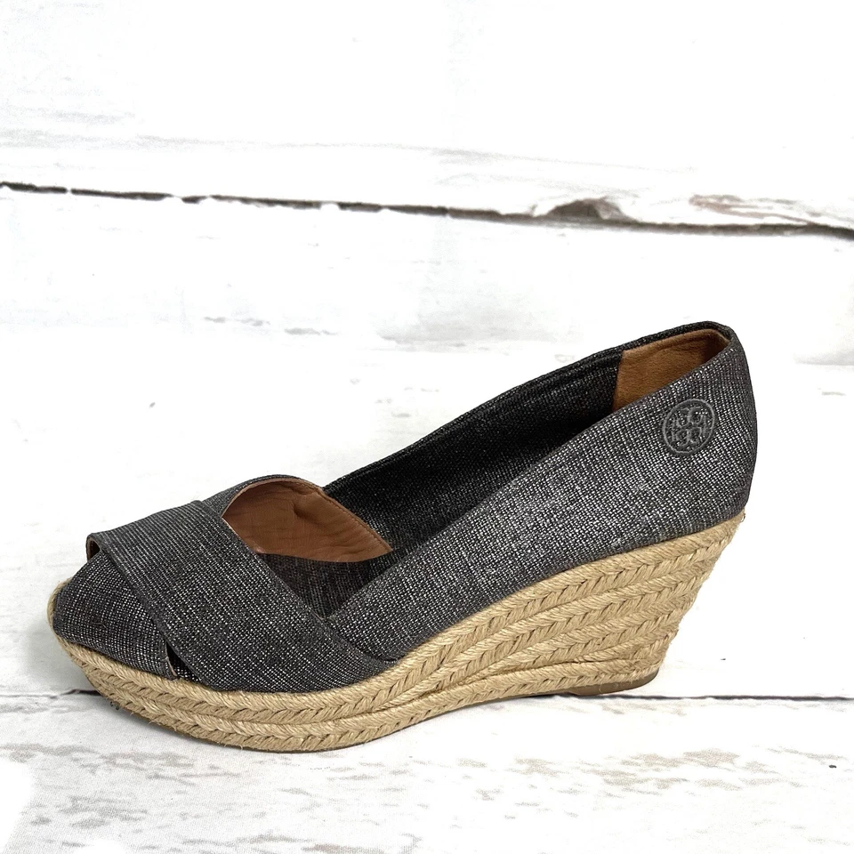 Zapatos Tory Burch Filipa para mujer 9.5B alpargatas de peltre punta abierta cuñas Foto 1 de 4