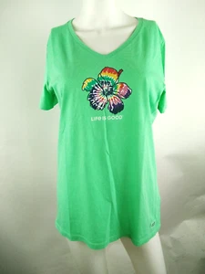 Life is Good Women S/S Crusher Lite Vee Tie-Dye Hibiscus Green Medium 81096 - Picture 1 of 10