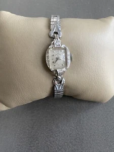 Antique Vintage Lady Elgin Watch. 14K White Gold Case with eight Diamonds. Works - Picture 1 of 4