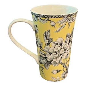222 Fifth Adelaide Yellow Latte Mug 6" Coffee Toile Birds Flowers French Country - Picture 1 of 3