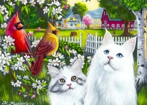 Edición Limitada IMPRESIÓN ACEO Gato Gatito Pájaro Primavera Manzana Flor Jardín Mishkova - Imagen 1 de 1