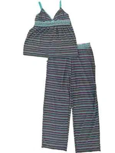 Womens Teal Brown Pink Striped Lace Trimmed Cami Lightweight Tank Top Sleep Set - Picture 1 of 1