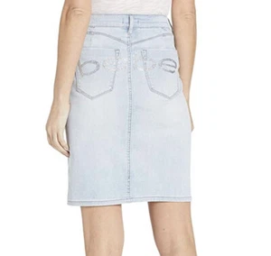 NWT Bebe Embellished Logo High Rise Denim Knee Skirt Stretch Light Blue Sz 28 - Picture 1 of 12