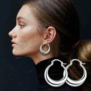 Genuine 925 Sterling Silver Filled Moon Hoop Stud Chunky Round Huggies Earrings - Picture 1 of 12