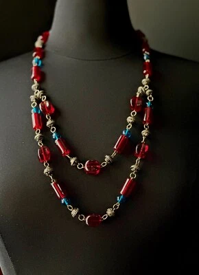 Collar de cuentas de rubí y zafiro de vidrio estilo ART DECO de doble hilo Foto 1 de 4