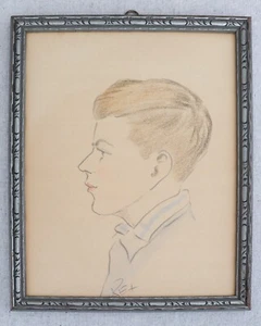Vtg 1930s Framed Portrait Drawing Illustration Caricature Handsome Young Man Boy - Picture 1 of 5