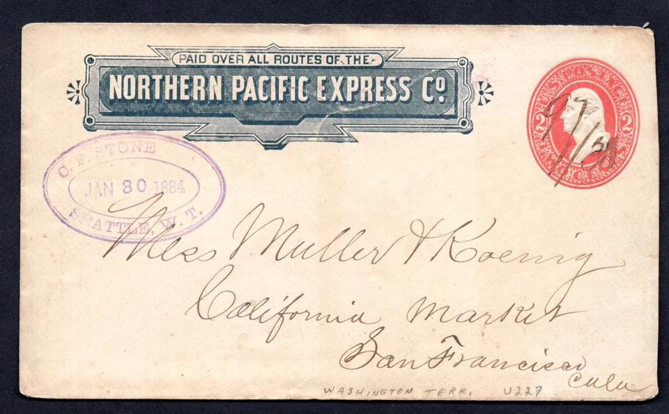 US 1884 SEATTLE WASHINGTON TERRITORIAL COVER ON NORTHERN PACIFIC EXPRESS CO. - Image 1 of 2