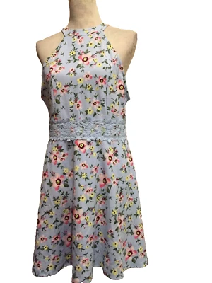 No Boundaries Halter Neck Skater Floral Dress SZ XL 15-17, Crochet Lace Trim NWT - Image 1 of 4