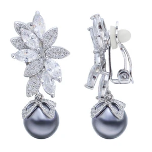 Non Pierced Women Silver Plated Zircon Leaf Gray Pearl Long Drop Clip On Earring - Picture 1 of 8