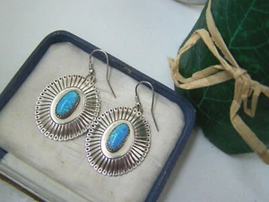 GORGEOUS VINTAGE HUGE MODERNIST SOLID STERLING SILVER BLUE OPAL EARRINGS RARE - Picture 1 of 9