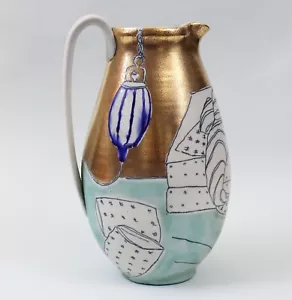 Julia Galloway Porzellan Studiokeramik 10,75" Krug blau gold bemalt Schlafzimmer - Bild 1 von 15
