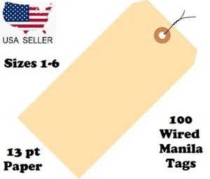 Pack of 100 Wired Manila Tags Inventory Shipping Hang Size 1 2 3 4 5 6 Pre-Wire - Picture 1 of 3