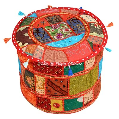 Indian Round Pouf Cover Patchwork Alteration Fabric Ottoman Footstool Cotton 22" - Image 1 of 3