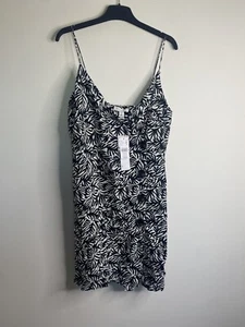 New Topshop Size 8 Black White Linen Blend Dress Button Front Strappy - Picture 1 of 12